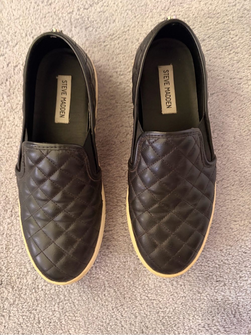 Steve Madden Quilted Slip-On Sneakers in Black and Cream Sole